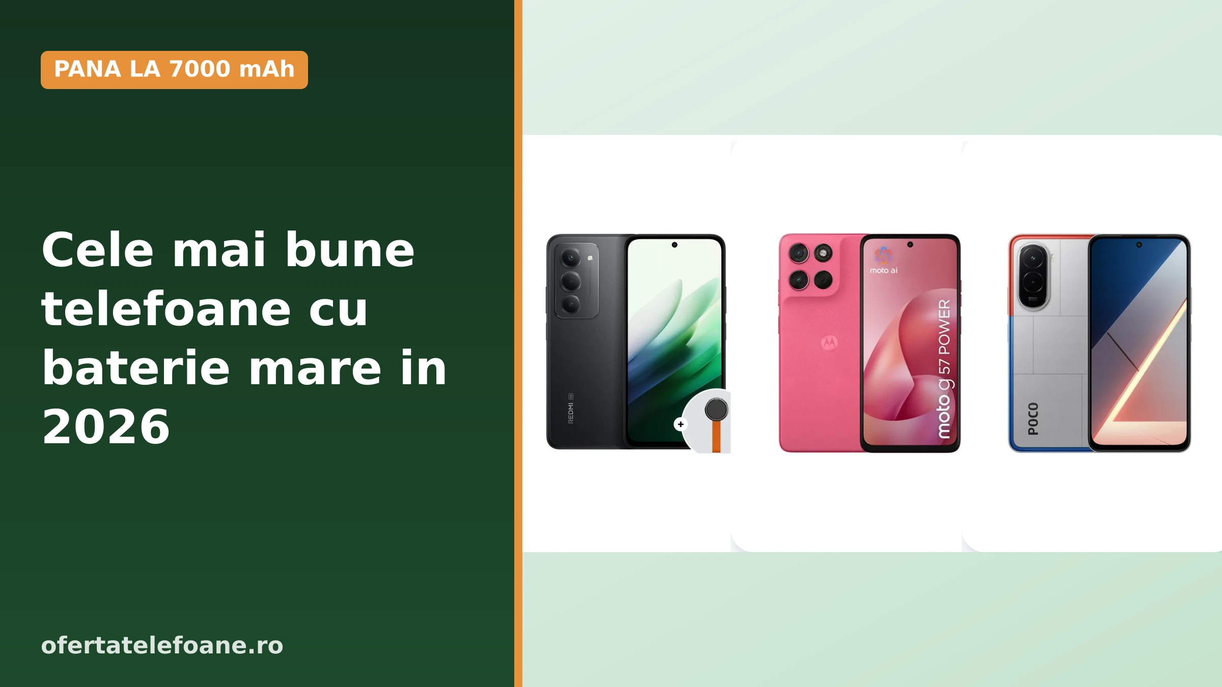 Trei telefoane cu baterie mare alaturate: Xiaomi Redmi 15, Motorola Moto g57 Power si Poco X7 Pro