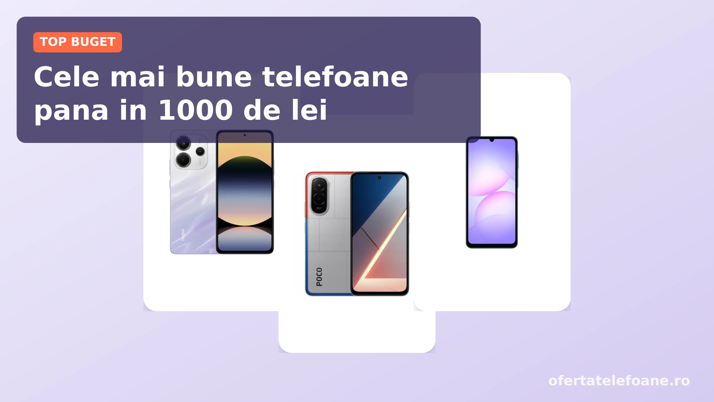 Trei telefoane sub 1000 de lei alaturate: Xiaomi Redmi Note 14, Poco M7 si Samsung Galaxy A07