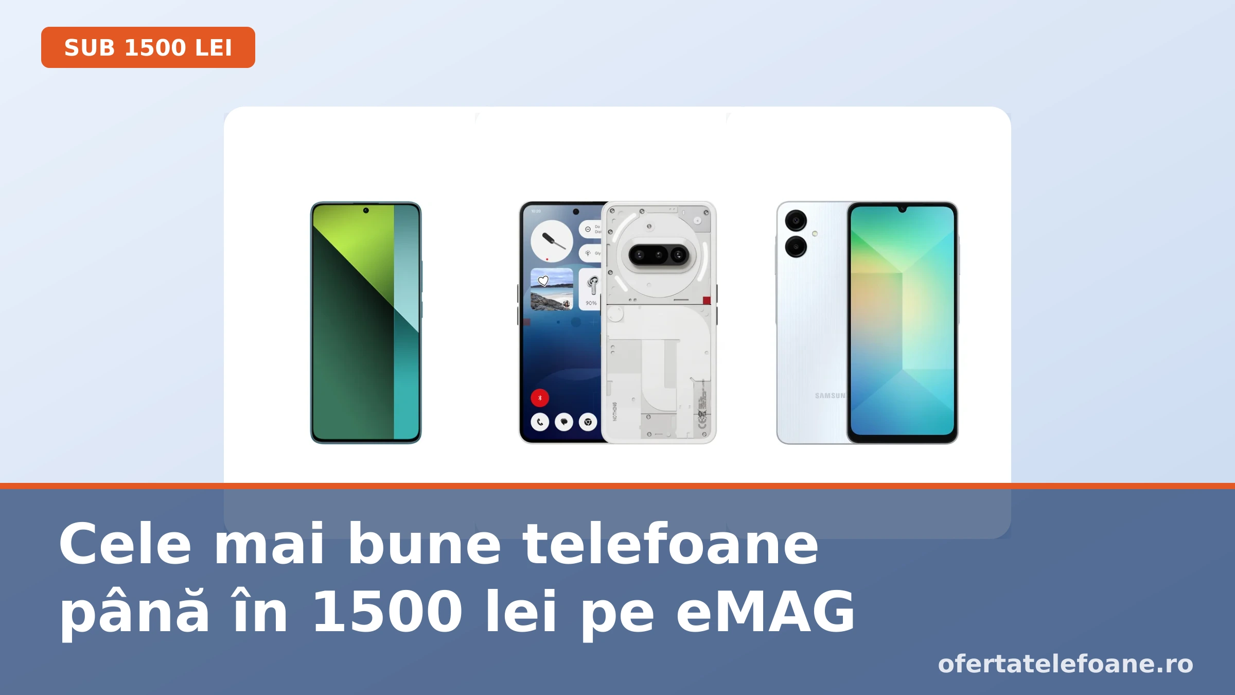 Trei telefoane sub 1500 de lei alaturate: Xiaomi Redmi Note 13 Pro, Nothing Phone 3a si Samsung Galaxy A06