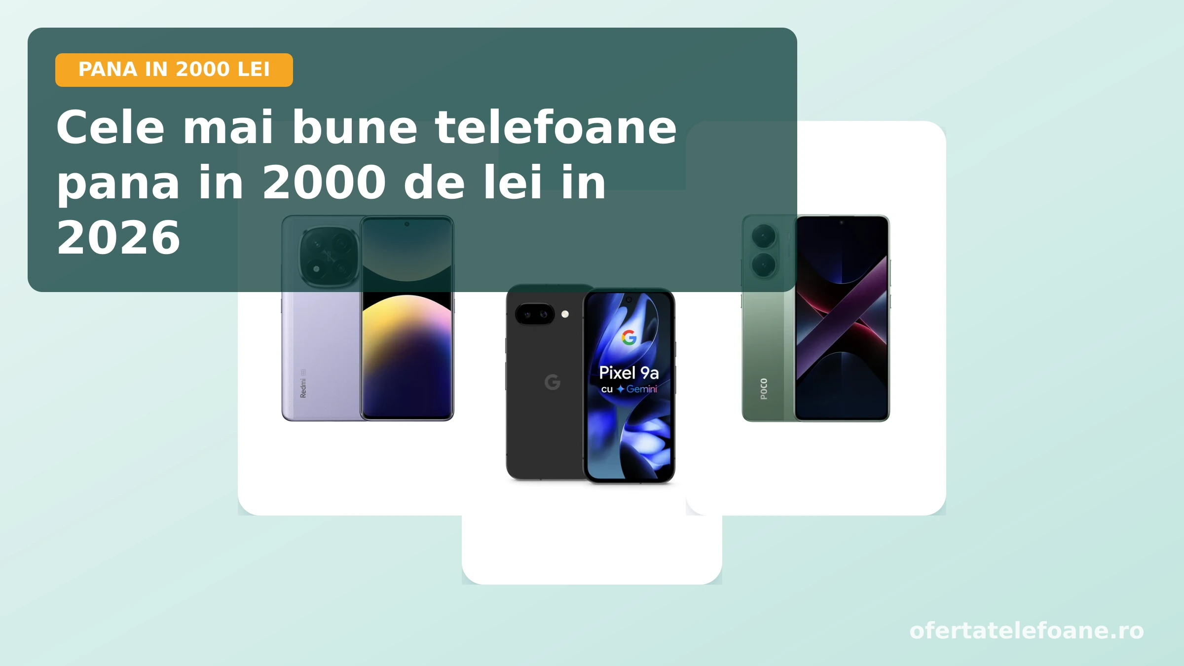 Trei telefoane pana in 2000 de lei alaturate: Xiaomi Redmi Note 14 Pro+, Google Pixel 9a si Poco X7 Pro