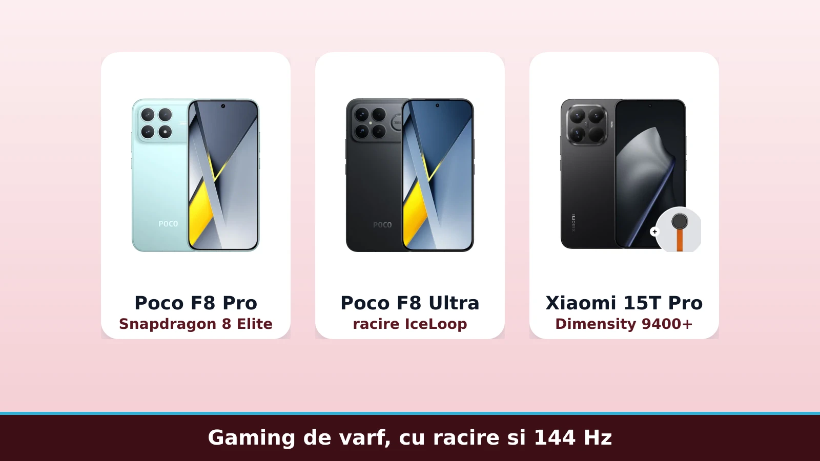 Poco F8 Pro, Poco F8 Ultra si Xiaomi 15T Pro, gaming de varf cu racire si 144 Hz